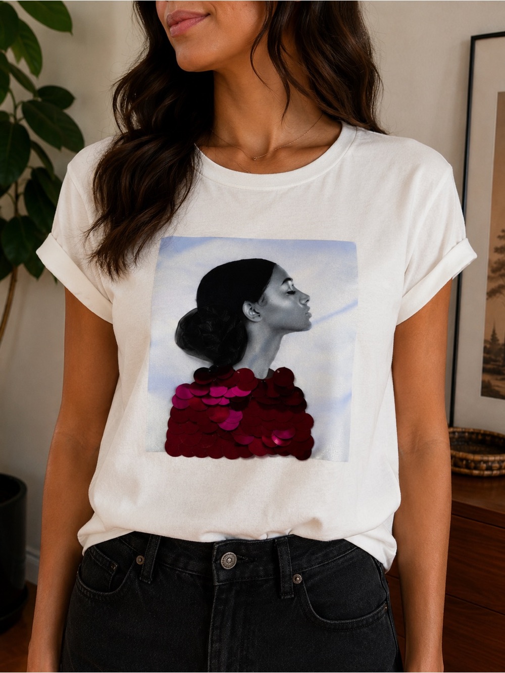 Tristan White Short-Sleeve Tee with Burgundy Sequin Portrait